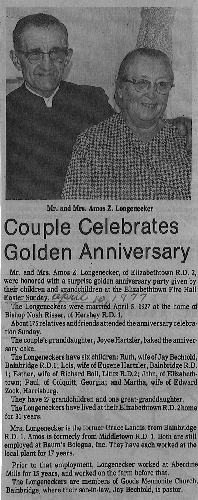 Anniversary Longenecker Amos Z And Landis Grace 50th 1977 Mennonite Life